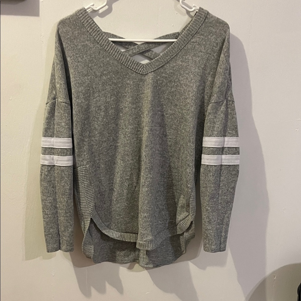 Gray V-Neck Sweater with White Stripes